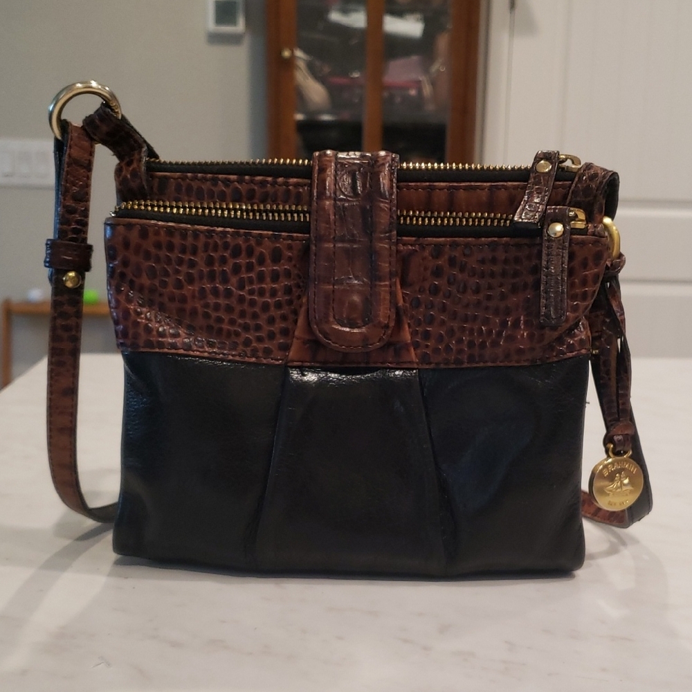 Brahmin Black and Brown Croc-Trim Crossbody Bag